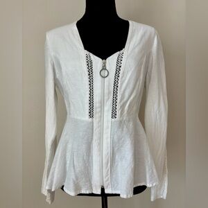 VENUS Peplum Crochet Eyelet White Long Sleeve Linen Zip Jacket Blouse Top Spring